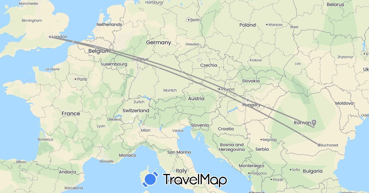 TravelMap itinerary: driving, plane in United Kingdom, Hungary, Romania, Slovakia (Europe)
